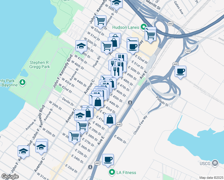 map of restaurants, bars, coffee shops, grocery stores, and more near 950 Broadway in Bayonne