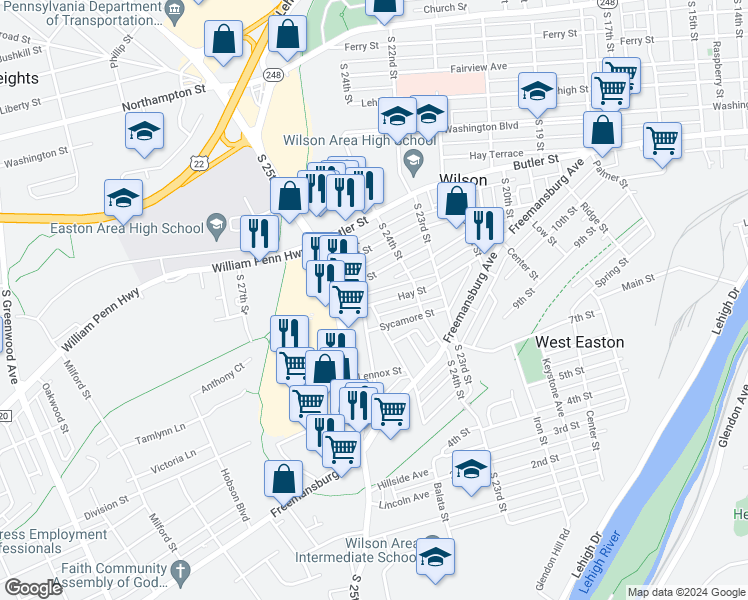map of restaurants, bars, coffee shops, grocery stores, and more near 2445 Hay Street in Easton