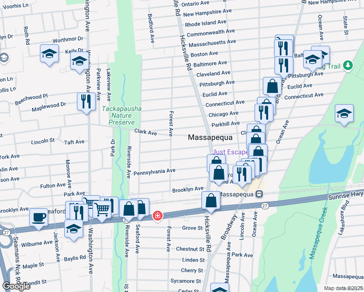 map of restaurants, bars, coffee shops, grocery stores, and more near 43 Michigan Avenue in Massapequa
