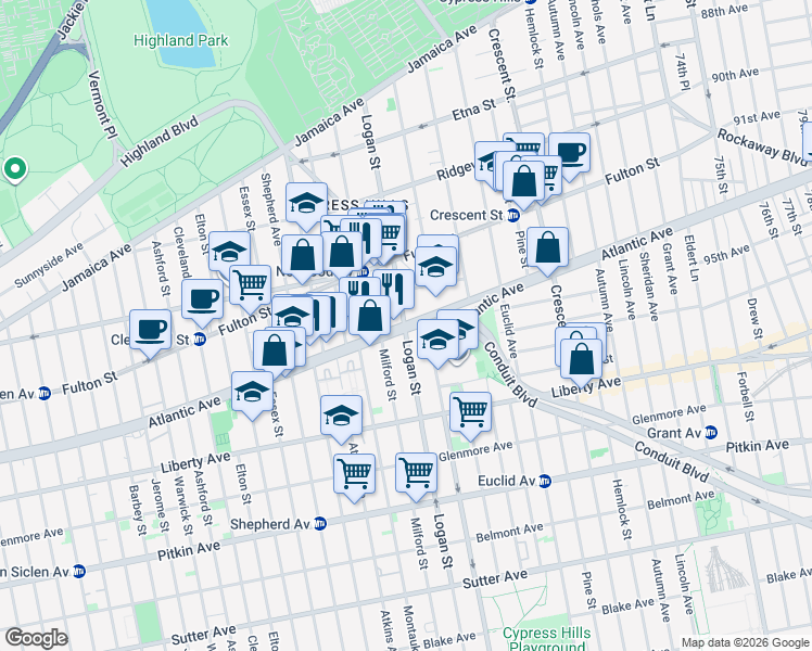 map of restaurants, bars, coffee shops, grocery stores, and more near Atlantic Ave & Logan St in Brooklyn