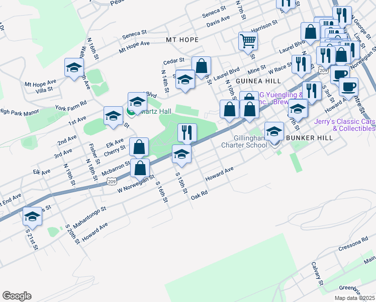 map of restaurants, bars, coffee shops, grocery stores, and more near 1405 West Market Street in Pottsville