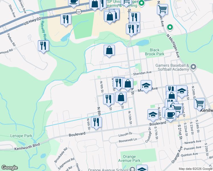 map of restaurants, bars, coffee shops, grocery stores, and more near 228 North 10th Street in Kenilworth