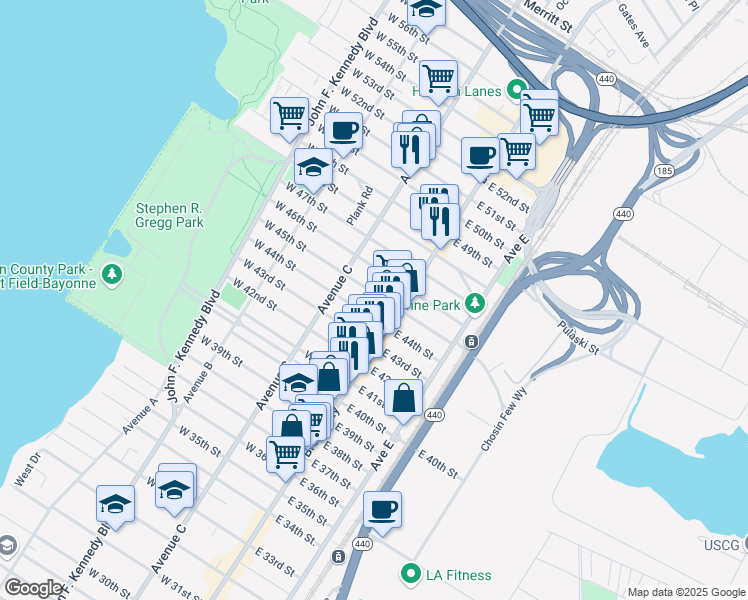 map of restaurants, bars, coffee shops, grocery stores, and more near 24 West 45th Street in Bayonne