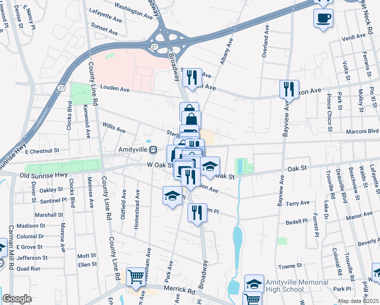 map of restaurants, bars, coffee shops, grocery stores, and more near 231 Broadway in Amityville