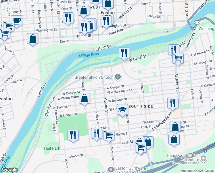 map of restaurants, bars, coffee shops, grocery stores, and more near 636 West Nesquehoning Street in Easton