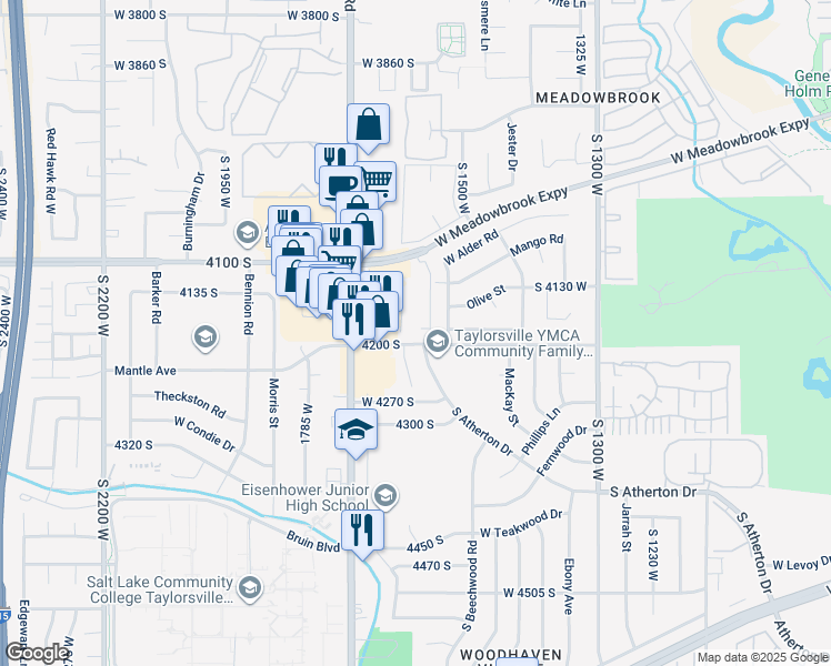 map of restaurants, bars, coffee shops, grocery stores, and more near 4196 South Oak Meadows Drive in Taylorsville