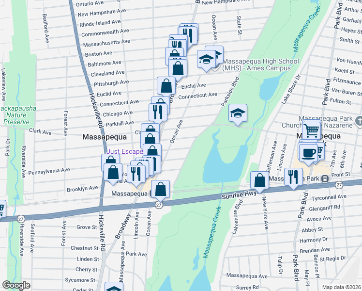 map of restaurants, bars, coffee shops, grocery stores, and more near 535 Parkside Boulevard in Massapequa