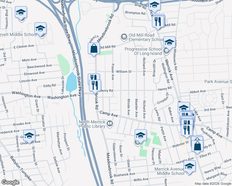map of restaurants, bars, coffee shops, grocery stores, and more near 1551 Fraser Avenue in Merrick