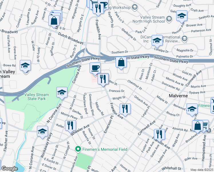 map of restaurants, bars, coffee shops, grocery stores, and more near 1057 Franklin Avenue in Valley Stream