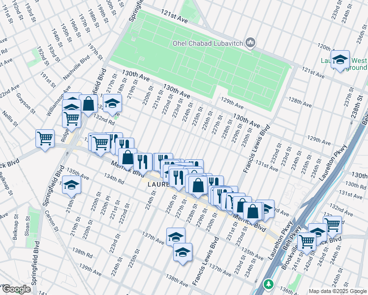 map of restaurants, bars, coffee shops, grocery stores, and more near 131-33 225th Street in Queens