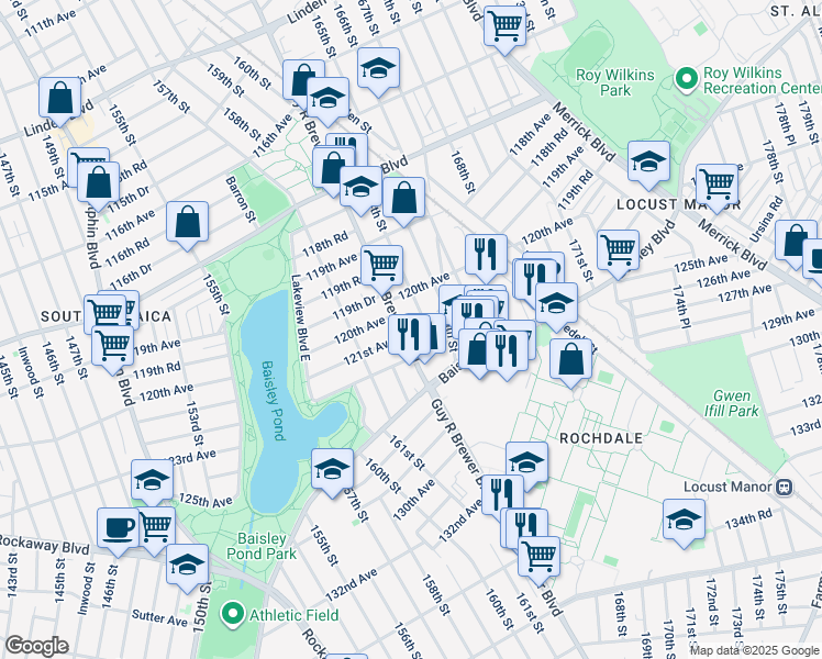 map of restaurants, bars, coffee shops, grocery stores, and more near 120-3 Guy R Brewer Boulevard in Queens