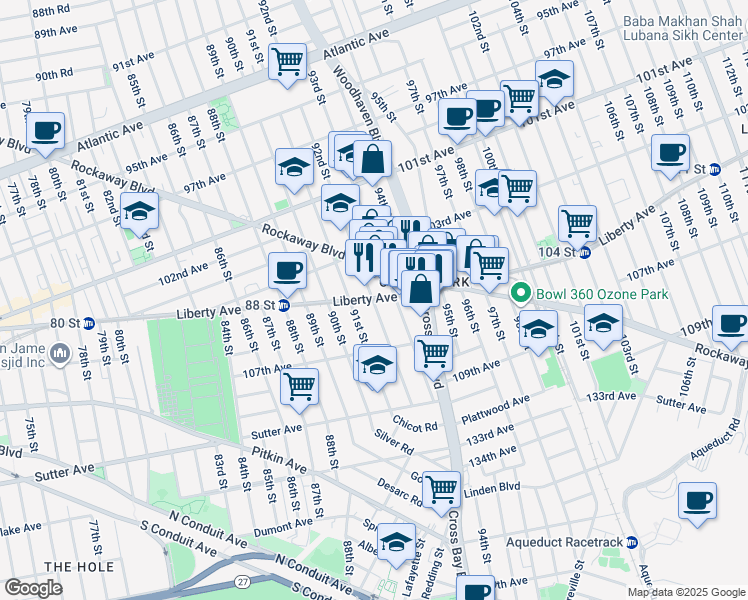 map of restaurants, bars, coffee shops, grocery stores, and more near 9208 Liberty Avenue in Queens