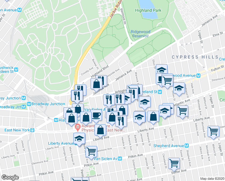 map of restaurants, bars, coffee shops, grocery stores, and more near 85 Arlington Avenue in Brooklyn