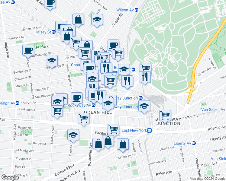 map of restaurants, bars, coffee shops, grocery stores, and more near 217 Hull Street in Brooklyn