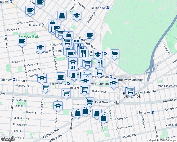 map of restaurants, bars, coffee shops, grocery stores, and more near 217 Hull Street in Brooklyn