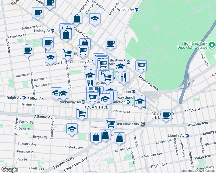 map of restaurants, bars, coffee shops, grocery stores, and more near 217 Hull Street in Brooklyn