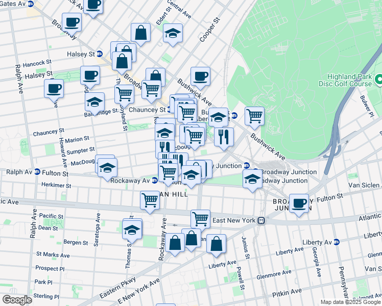 map of restaurants, bars, coffee shops, grocery stores, and more near 217 Hull Street in Brooklyn