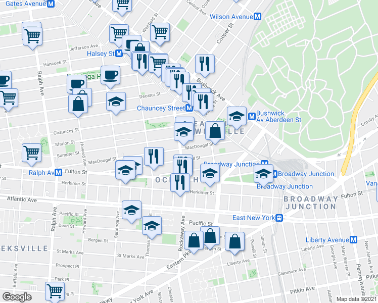 map of restaurants, bars, coffee shops, grocery stores, and more near 87 Rockaway Avenue in Brooklyn