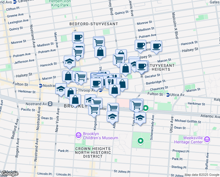 map of restaurants, bars, coffee shops, grocery stores, and more near 1545 Fulton Street in Brooklyn