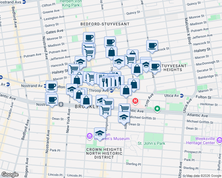 map of restaurants, bars, coffee shops, grocery stores, and more near 1496 Fulton Street in Brooklyn