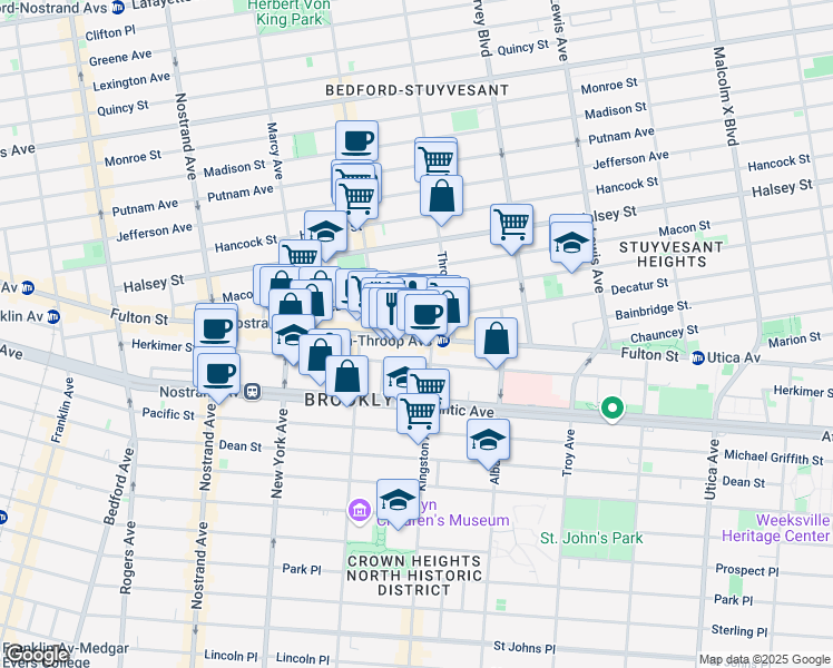 map of restaurants, bars, coffee shops, grocery stores, and more near 1471 Fulton Street in Brooklyn