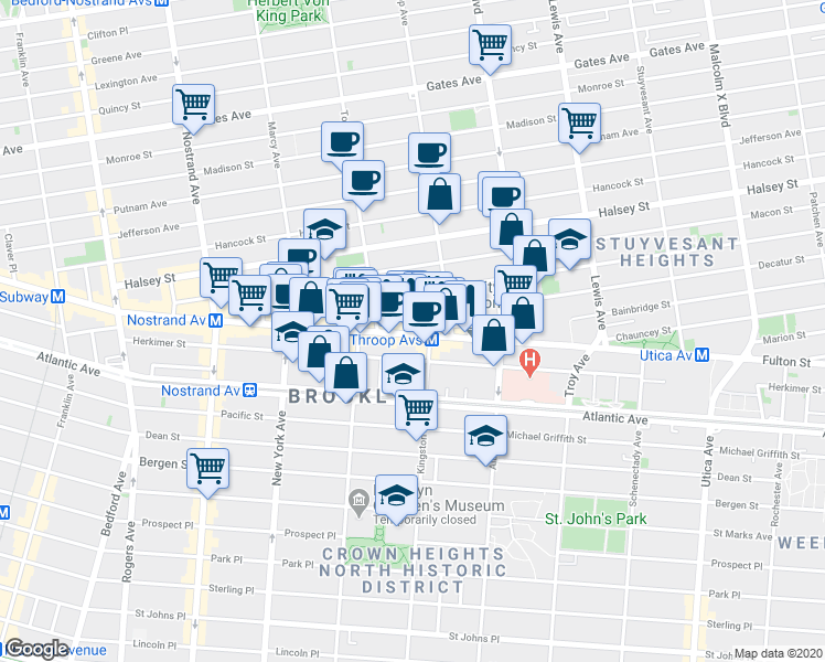 map of restaurants, bars, coffee shops, grocery stores, and more near 1471 Fulton Street in Brooklyn