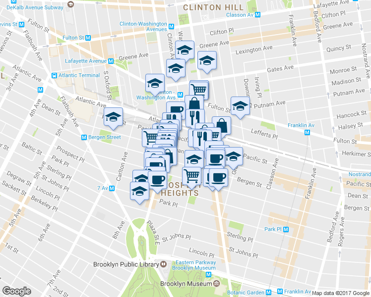 map of restaurants, bars, coffee shops, grocery stores, and more near 717 Dean Street in Brooklyn