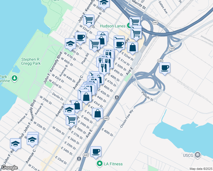 map of restaurants, bars, coffee shops, grocery stores, and more near 27 East 46th Street in Bayonne