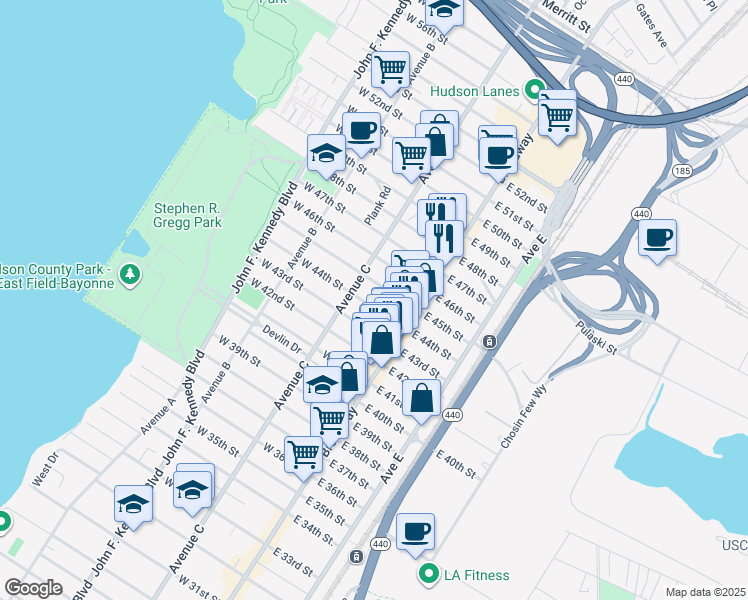 map of restaurants, bars, coffee shops, grocery stores, and more near 24 West 45th Street in Bayonne