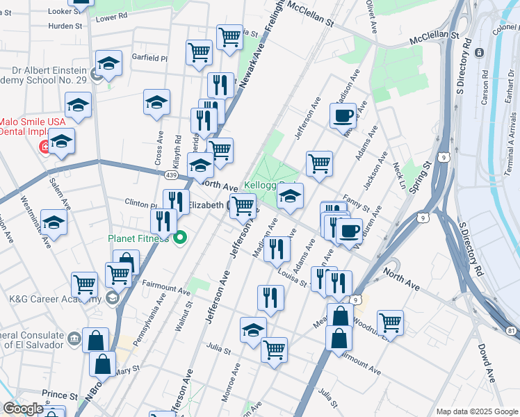 map of restaurants, bars, coffee shops, grocery stores, and more near 748 Jefferson Avenue in Elizabeth