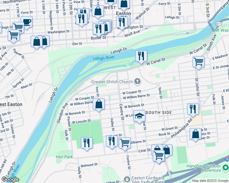 map of restaurants, bars, coffee shops, grocery stores, and more near 201 Canal Park in Easton