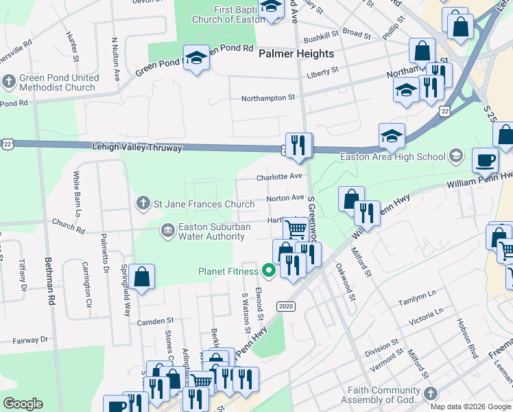 map of restaurants, bars, coffee shops, grocery stores, and more near 2924 Norton Avenue in Easton