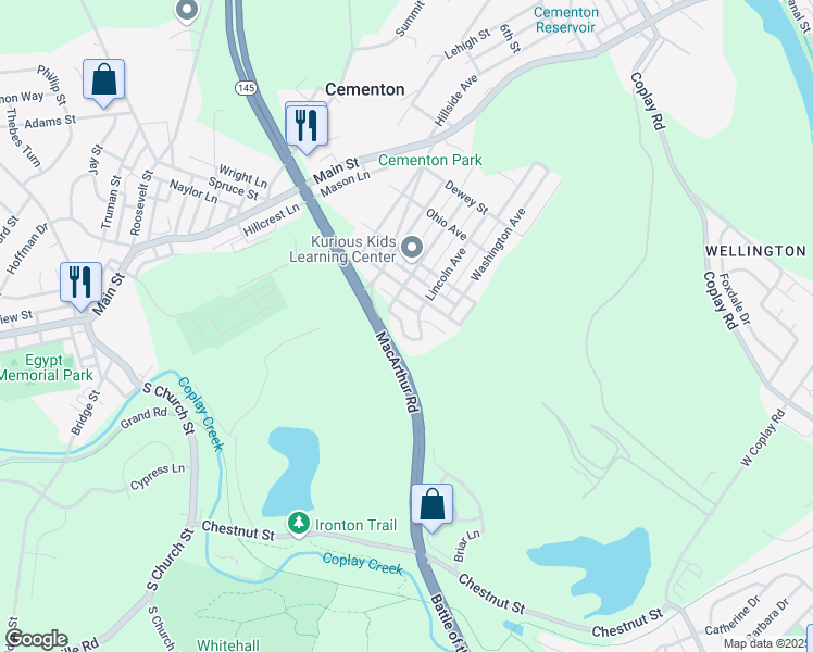 map of restaurants, bars, coffee shops, grocery stores, and more near 2 Russell Court in Lehigh County