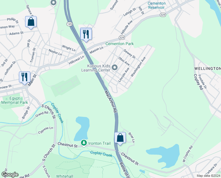 map of restaurants, bars, coffee shops, grocery stores, and more near 2 Russell Court in Lehigh County