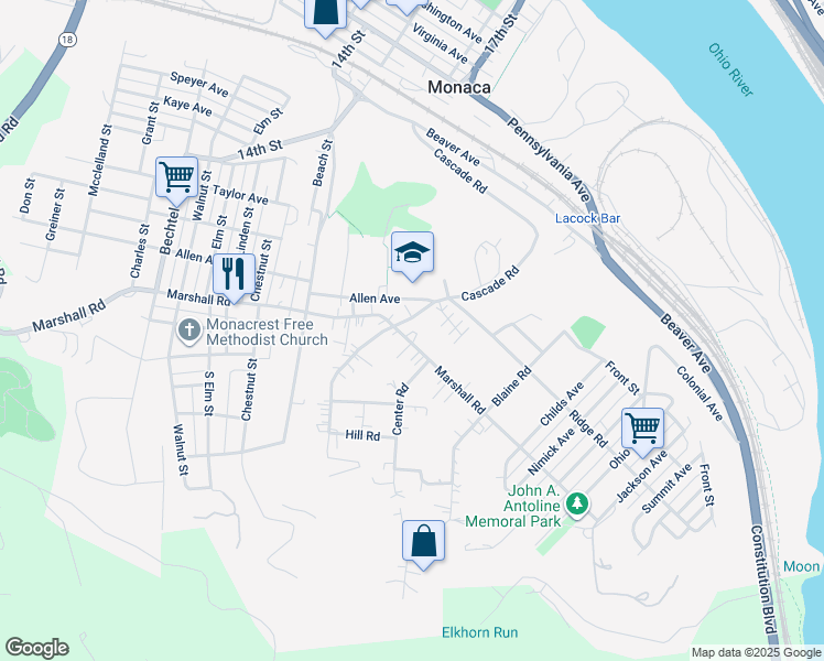 map of restaurants, bars, coffee shops, grocery stores, and more near 1900 Marshall Road in Monaca