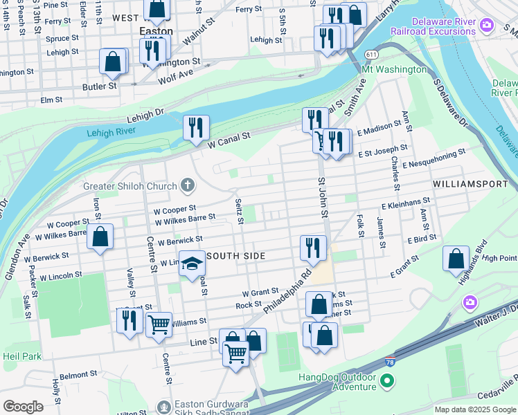map of restaurants, bars, coffee shops, grocery stores, and more near 360 West Wilkes Barre Street in Easton