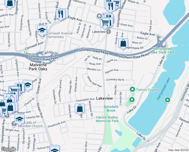 map of restaurants, bars, coffee shops, grocery stores, and more near 900 Jena Court in West Hempstead