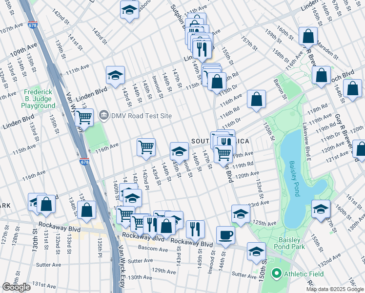 map of restaurants, bars, coffee shops, grocery stores, and more near 145-29 Foch Boulevard in Queens