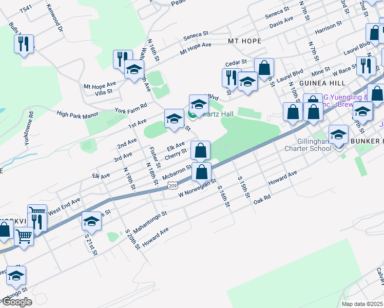 map of restaurants, bars, coffee shops, grocery stores, and more near 1614 West End Avenue in Pottsville