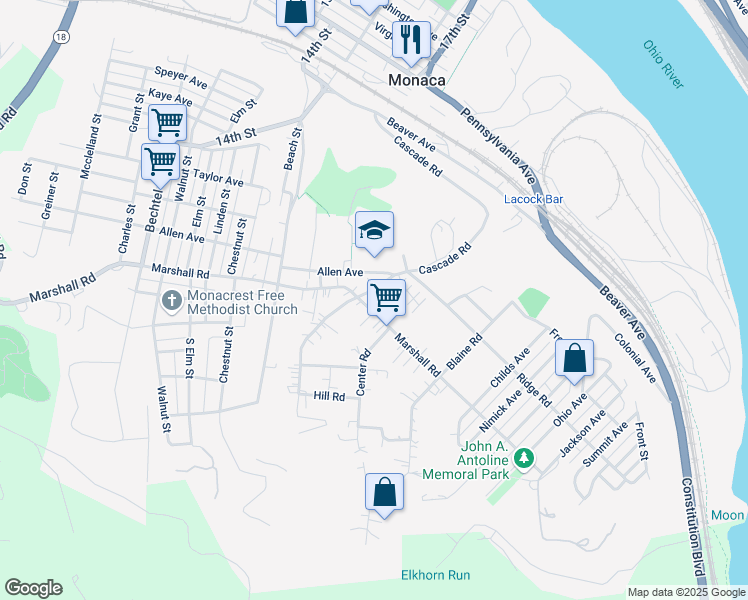 map of restaurants, bars, coffee shops, grocery stores, and more near 1900 Marshall Road in Monaca