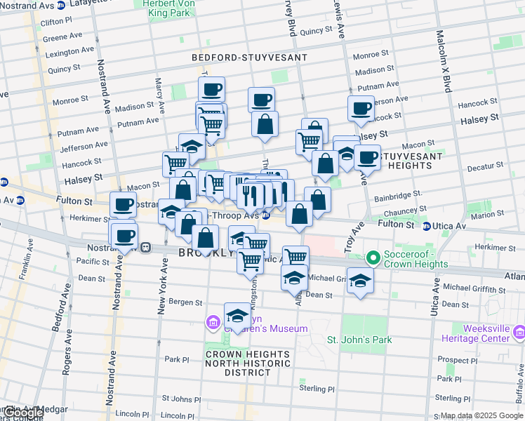 map of restaurants, bars, coffee shops, grocery stores, and more near 1509 Fulton Street in Brooklyn