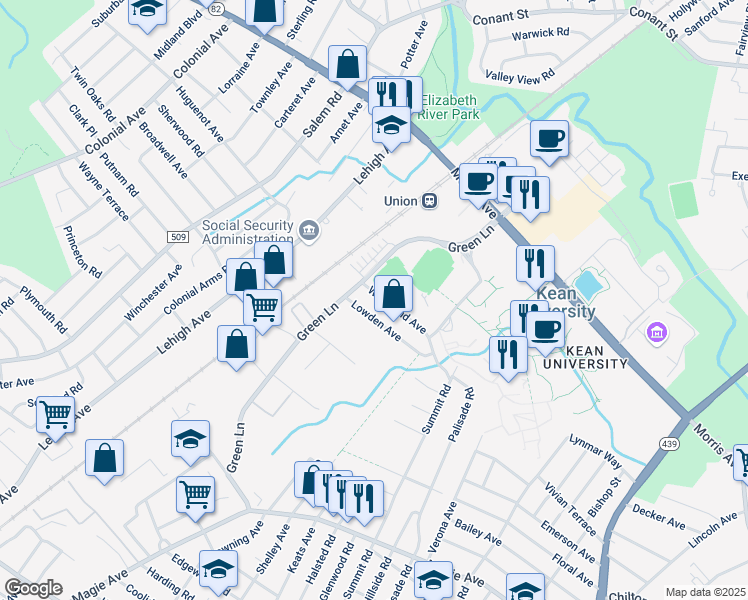 map of restaurants, bars, coffee shops, grocery stores, and more near 1078 Woodland Avenue in Union