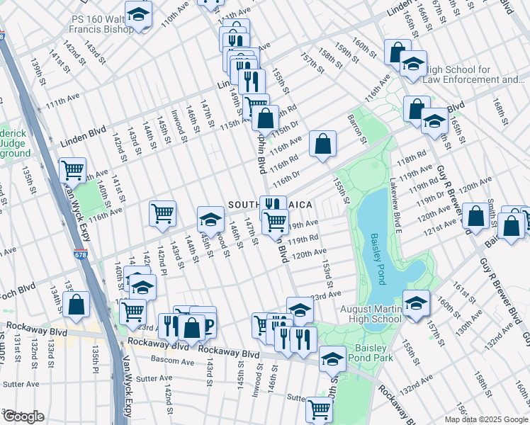 map of restaurants, bars, coffee shops, grocery stores, and more near 117-04 Sutphin Boulevard in Queens