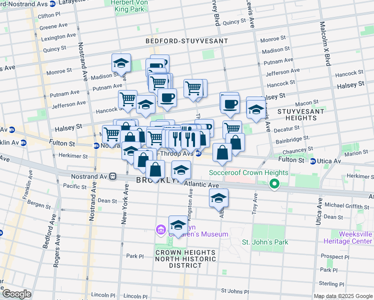 map of restaurants, bars, coffee shops, grocery stores, and more near 1471 Fulton Street in Brooklyn