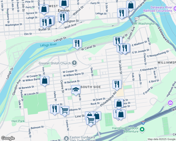 map of restaurants, bars, coffee shops, grocery stores, and more near 421 West Wilkes Barre Street in Easton