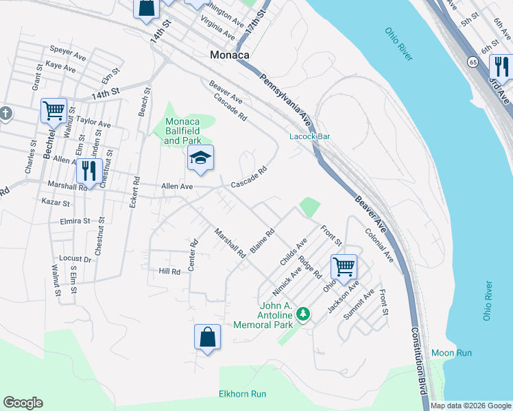 map of restaurants, bars, coffee shops, grocery stores, and more near 2022 Bell Avenue in Monaca
