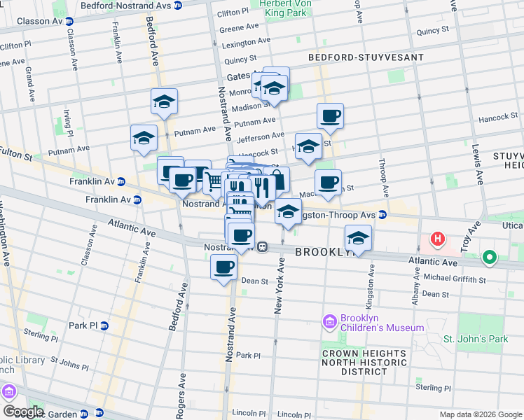 map of restaurants, bars, coffee shops, grocery stores, and more near 1306 Fulton Street in Brooklyn