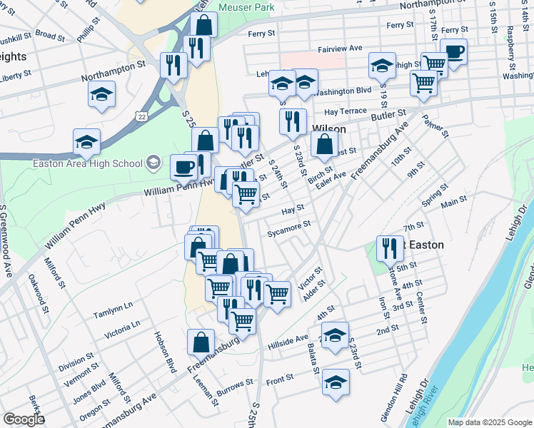 map of restaurants, bars, coffee shops, grocery stores, and more near 2443 Hay Street in Easton