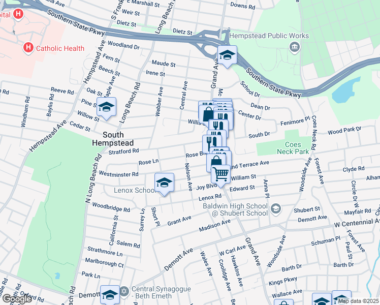 map of restaurants, bars, coffee shops, grocery stores, and more near 641 Rose Boulevard in Baldwin