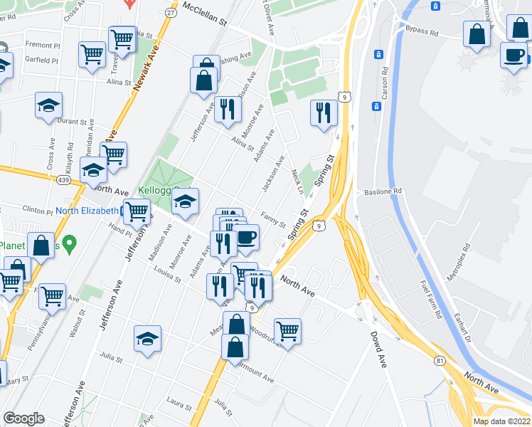 map of restaurants, bars, coffee shops, grocery stores, and more near 1027 Fanny Street in Elizabeth